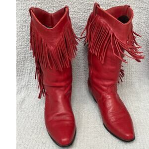 Acme Women's Red Leather Fringed Western Boots Size 10 #67978